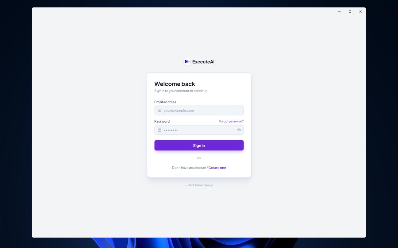 ExecuteAI login screen